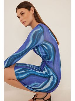 NA-KD - Rouched Detail Long Sleeve Mini Dress-Swirl Blue Print