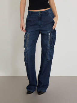 Guess - Women Navy Blue Solid Mid-Rise Full Length Cargo Jeans