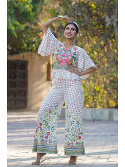 Juniper - White Floral Printed Rayon Peplum Co-Ord Set with Buttons