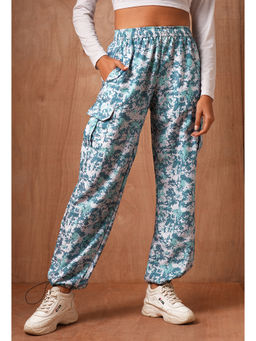 KVS FAB - Women Blue Printed High-Rise Parachute Joggers