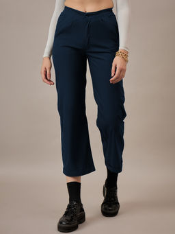 KVS FAB - Women Navy Blue Solid Front Cotton Trouser