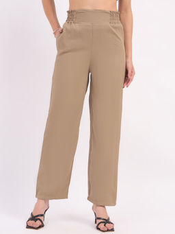 KVS FAB - Women Beige Solid Smocked Straight Trouser