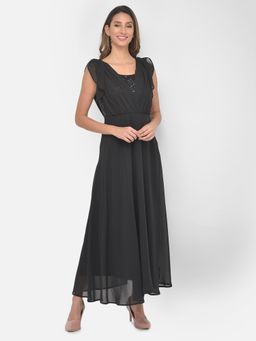 Latin Quarters - Black Color Cap Sleeve Solid Pattern Dress