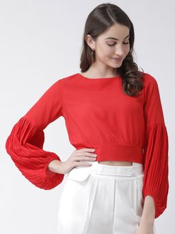 KASSUALLY - Red Pleated Sleeves Back Tie Up Crop Top