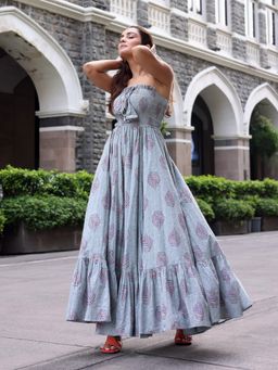 Indian Virasat - Cadet Grey Off Shoulder Maxi Dress
