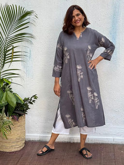 Chidiyaa - Grey Pure Cotton Floral Straight Kurta