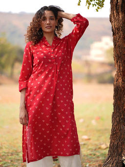 Chidiyaa - Red Pure Cotton Self Design Straight Kurta