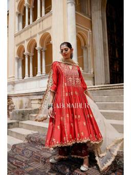 Gulabo Jaipur - Maroon Cotton Sequined Anarkali Kurta With Pant And Dupatta