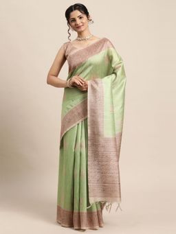 Odette - Womens Silk Blend Green Printed Designer Saree with Unstitched Blouse
