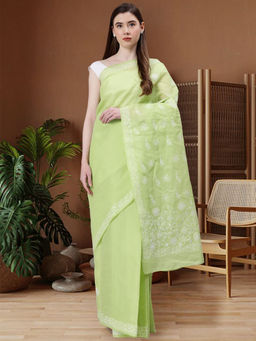 Seva Chikan - Hand Embroidered Green Terivoil Cotton Lucknowi Chikankari Saree with Unstitched Blouse