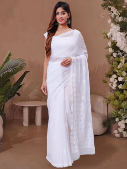 Seva Chikan - Hand Embroidered White Georgette Lucknowi Chikankari Saree with Unstitched Blouse