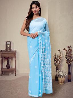 Seva Chikan - Hand Embroidered Blue Georgette Lucknowi Chikankari Saree with Unstitched Blouse