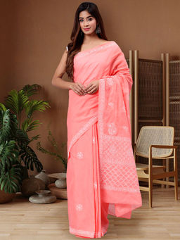 Seva Chikan - Hand Embroidered Peach Terivoil Cotton Lucknowi Chikankari Saree with Unstitched Blouse