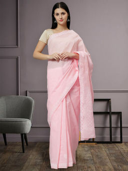 Seva Chikan - Hand Embroidered Pink Terivoil Cotton Lucknowi Chikankari Saree with Unstitched Blouse