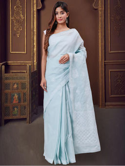 Seva Chikan - Hand Embroidered Blue Terivoil Cotton Lucknowi Chikankari Saree with Unstitched Blouse