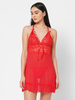 Sweet Dreams - Red Solid Semi-Sheer Net Baby Doll with Thong (Pack of 2)