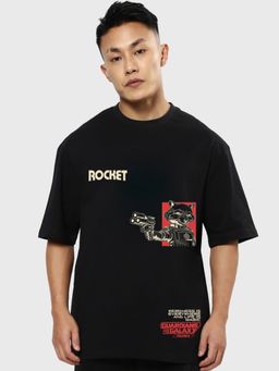Bewakoof - Official Marvel Men's Black Rocket Raccoon Graphic Printed Oversized T-shirt