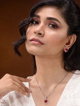Saraf RS Jewellery - Silver Red Ad Studded Heart Shaped Pendant With Earrings Locket Jewellery Set