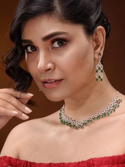 Saraf RS Jewellery - Silver Plated Green Ad Studded Chandelier Necklace Jewellery Set