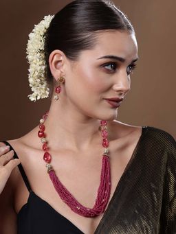 PANASH - Pink Gold Plated Stones Studded and Beaded Jewellery (Set of 2)