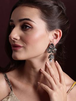 PANASH - Silver Plated Cubic Zirconia Studded Peacock Shaped Oxidized Drop Earrings