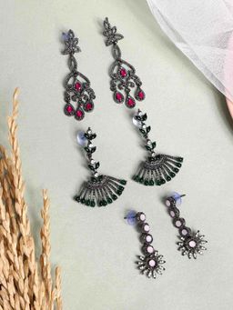 PANASH - Pack of 3 Rhodium Plated Cubic Zirconia Studded Drop Earrings