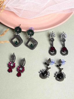 PANASH - Pack of 4 Silver Plated Cubic Zirconia Studded Contemporary Drop Earrings