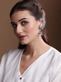 PANASH - Silver Plated Kundan Studded Contemporary Ear Cuffs Jhumka Earrings