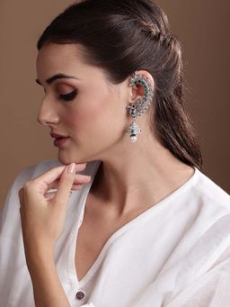 PANASH - Silver Plated Peacock Oxidized Ear Cuffs Jhumka Earrings