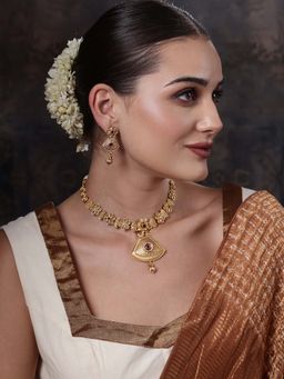 PANASH - Gold Plated Stones Studded and Beaded Necklace and Earrings (Set of 2)