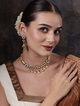 PANASH - Gold Plated Stone Studded and Beaded Necklace and Earrings (Set of 2)