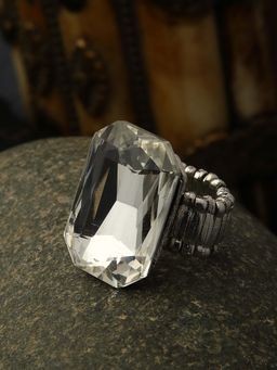 PANASH - Silver Plated CZ Studded Rectangle Shaped Adjustable Finger Ring