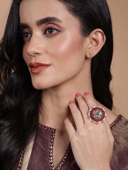 PANASH - Gold Plated Stone Studded and Beaded Adjustable Finger Ring