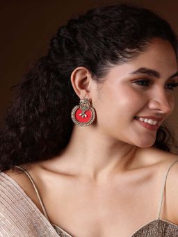 PANASH - Red Gold Plated Elephant Shaped Stone Studded Drop Earrings