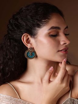 PANASH - Teal Gold Plated Elephant Shaped Stone Studded Drop Earrings