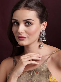 PANASH - Silver Plated Artificial Beads Peacock Shaped Drop Earrings