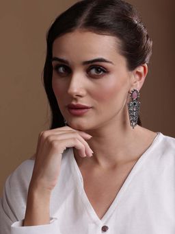PANASH - Silver Plated Cubic Zirconia Studded Oxidized Drop Earrings