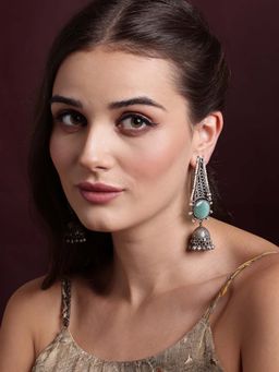 PANASH - Silver Plated Cubic Zirconia Studded Oxidized Jhumka Earrings