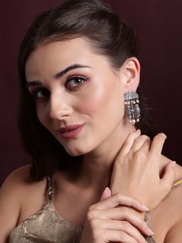 PANASH - Silver Plated Artificial Beads Oxidized Contemporary Drop Earrings