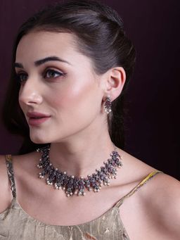 PANASH - Silver Plated CZ Stone Studded and Beaded Necklace and Earrings (Set of 2)