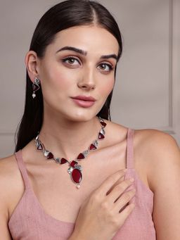 PANASH - Red Silver Plated Stone Studded Jewellery (Set of 2)