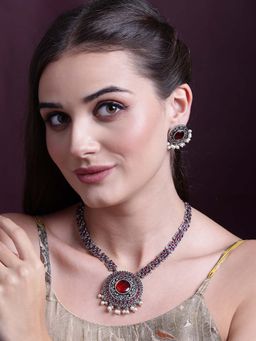 PANASH - Silver Plated Stone Studded and Beaded Necklace and Earrings (Set of 2)