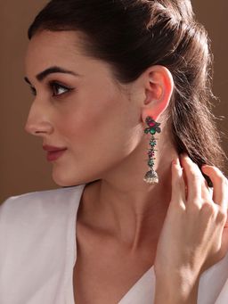 PANASH - Silver Plated and Pink Oxidised Peacock Shaped Drop Earrings