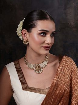 PANASH - White Gold Plated Stones Studded and Beaded Necklace and Earrings (Set of 2)