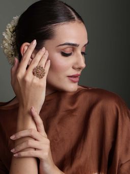 PANASH - Gold Plated Stone Studded Floral Shaped Adjustable Finger Ring