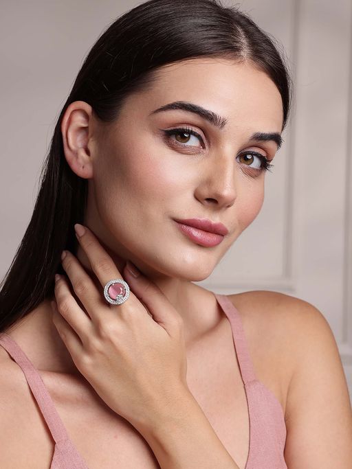 PANASH Rhodium Plated American Diamond Ring with Pink Stone Centerpiece