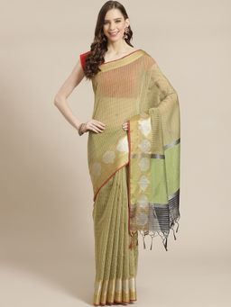 Indethnic - Banarasi Olive Checked Work Wear Saree With Unstitched Blouse