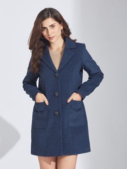 Latin Quarters - Women Blue Solid Full Sleeves Regular Coat