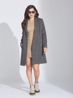 Latin Quarters - Women Black Textured Full Sleeves Regular Coat