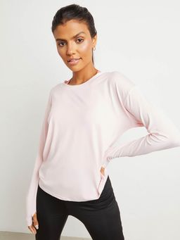 Styli - Pink Double Layer Open Back Long Sleeves Yoga Top
